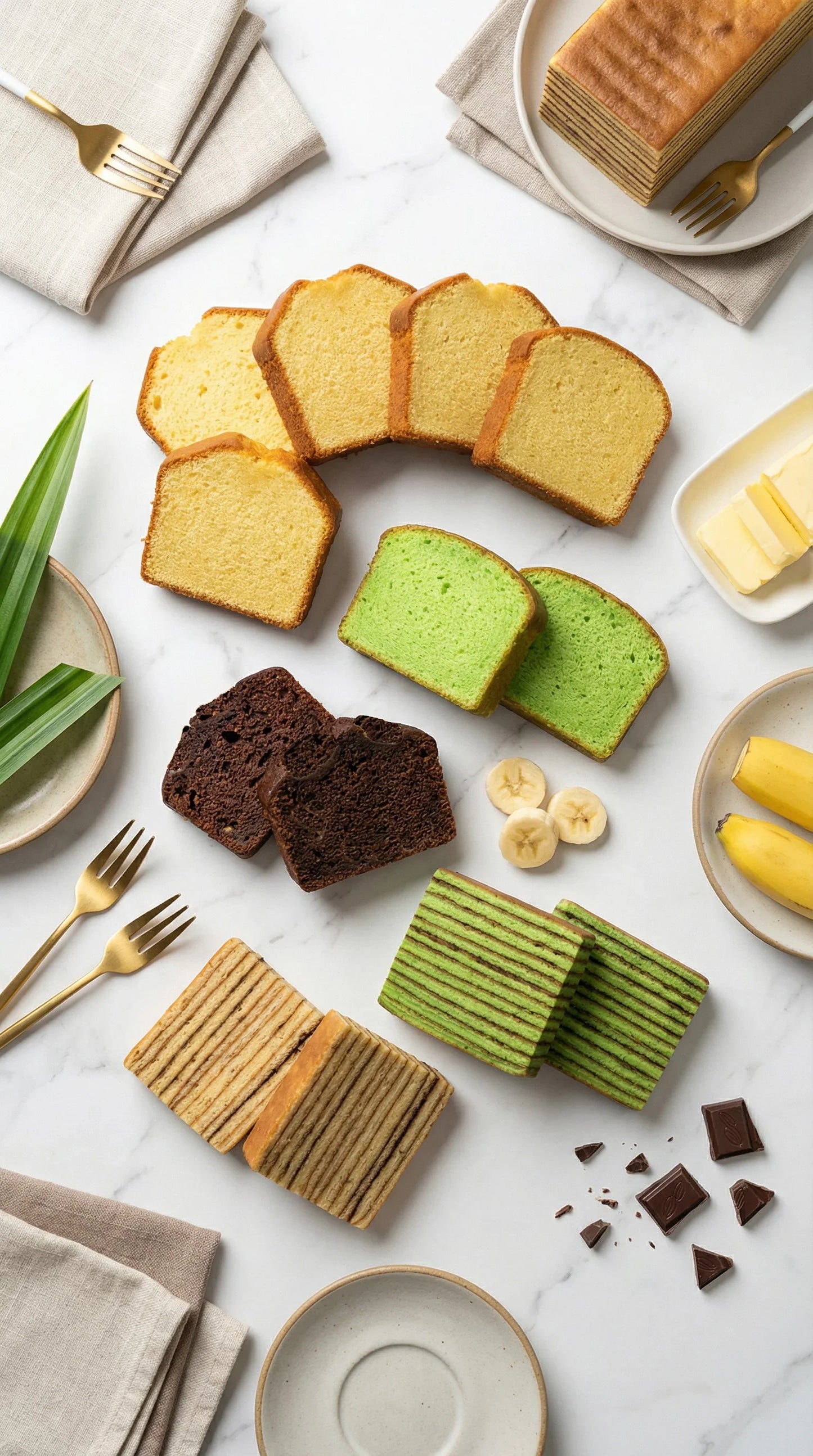 Assorted layer cakes, butter cake slices, and chocolate cake on a marble table with banana and butter.