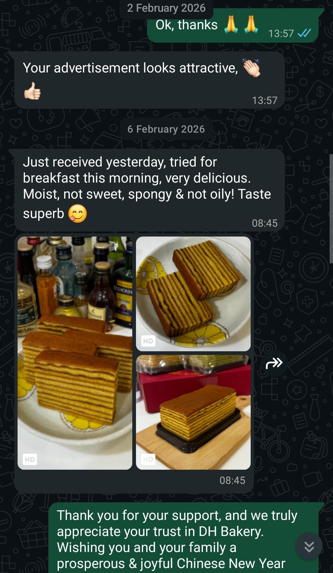 WhatsApp chat showing customer review and images of moist, golden layered cake slices on plates and a cutting board.