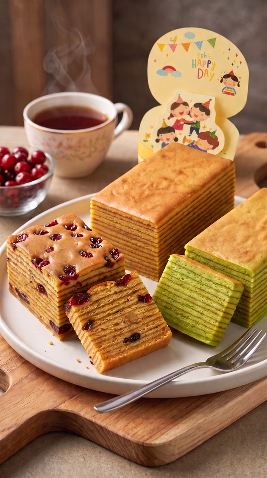DH Bakery birthday layer cake set with red ribbon, pop-up birthday card and three 200g cakes