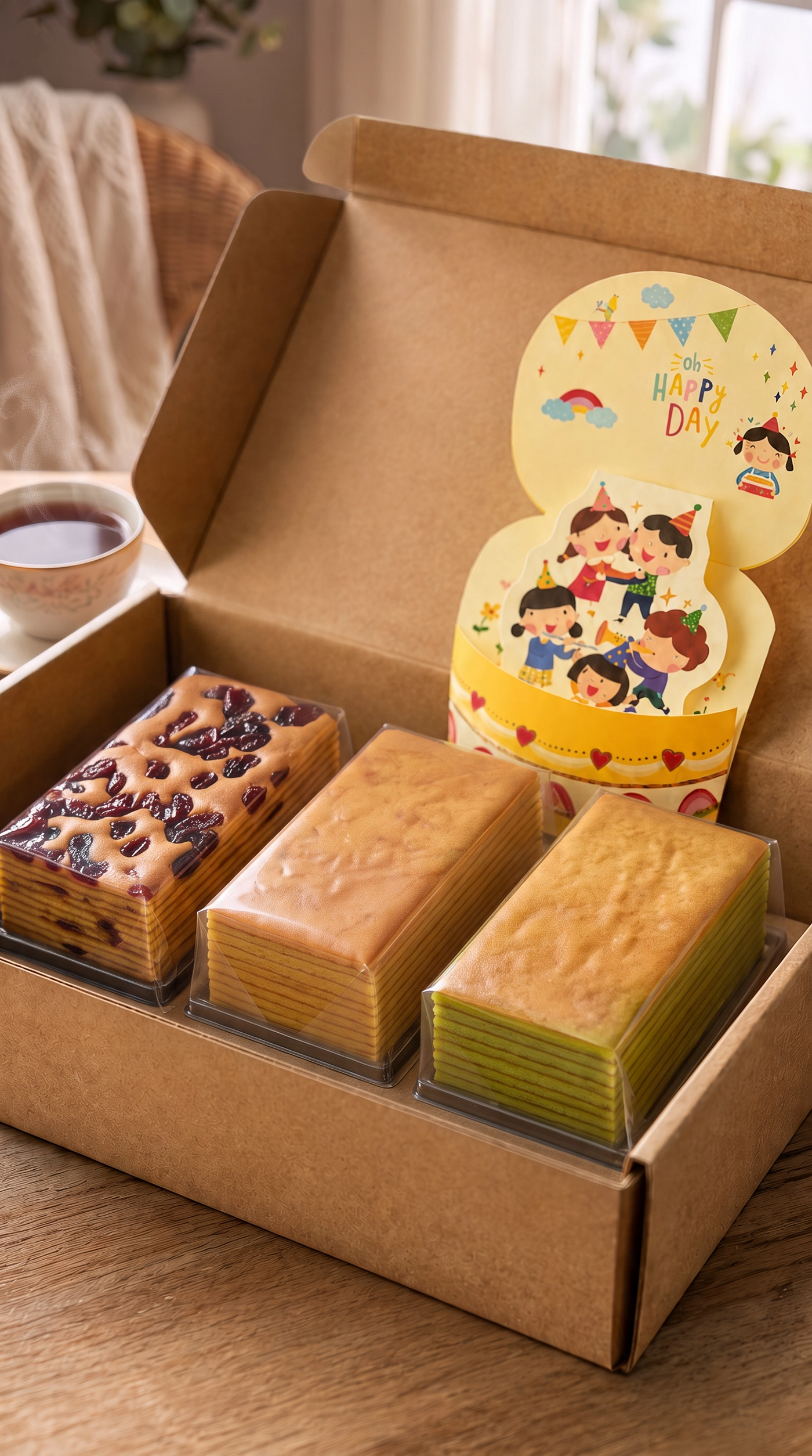 DH Bakery birthday layer cake set with red ribbon, pop-up birthday card and three 200g cakes