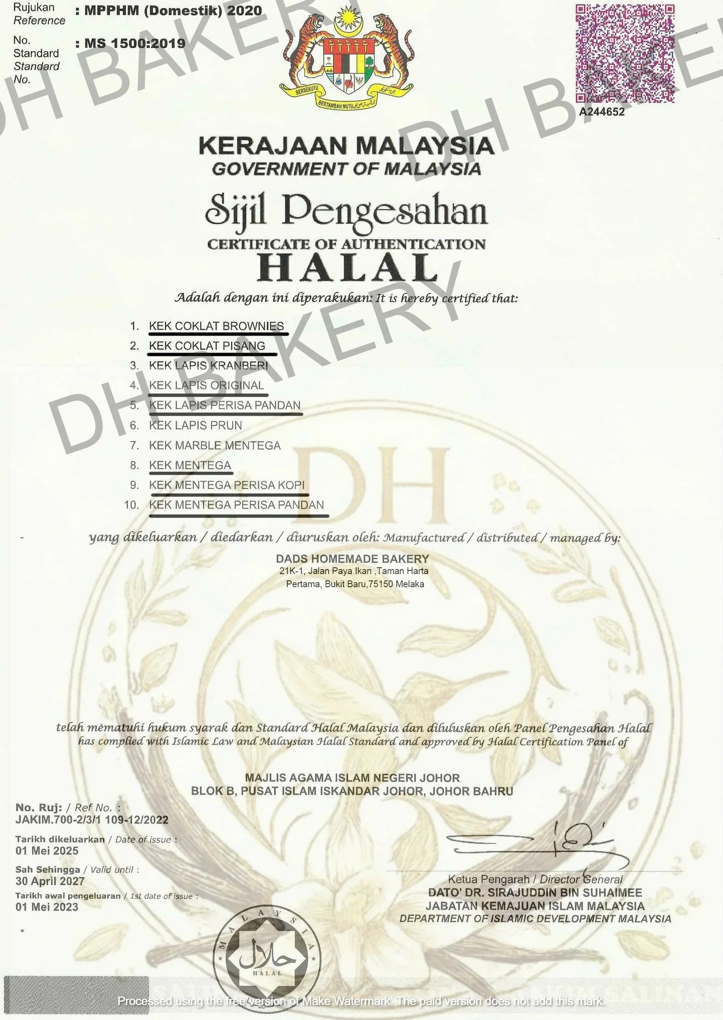 Halal certification for assorted cakes including brownies, banana cake, and marble butter cake.