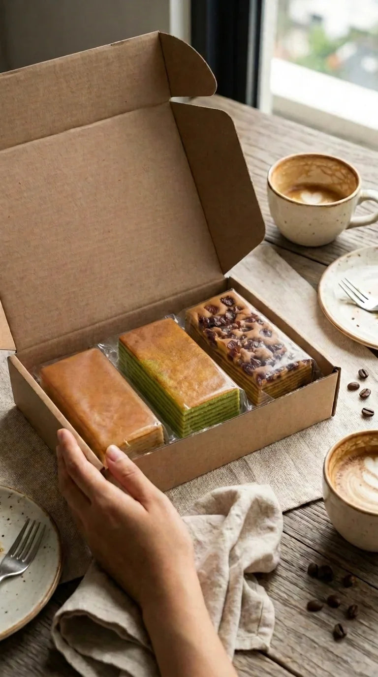 Assorted layer cakes in a kraft gift box on a wooden table with coffee and plates